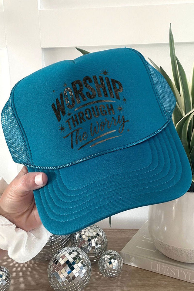 Black Worship Through The Worry Otto Turquoise Foam Front Trucker Hat - Wholesale Accessory Market