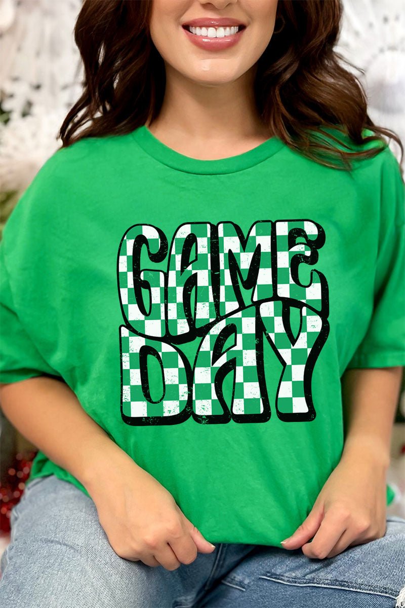 Green Checkered Game Day Short Sleeve Relaxed Fit T-Shirt