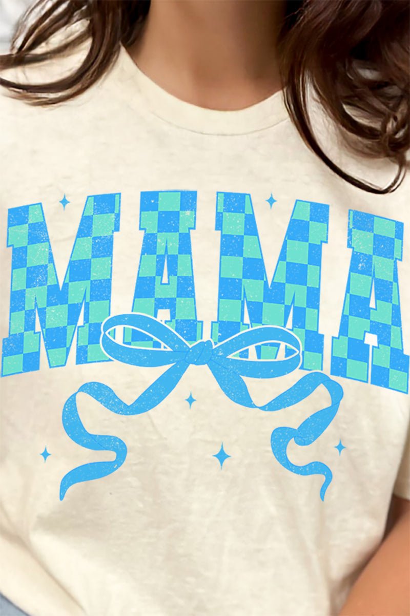 Aqua Checkered Arched Mama Short Sleeve Relaxed Fit T-Shirt - Wholesale Accessory Market
