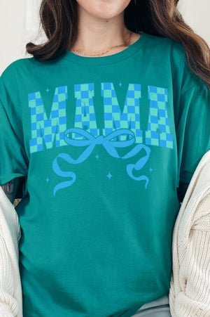Aqua Checkered Arched Mama Short Sleeve Relaxed Fit T-Shirt - Wholesale Accessory Market