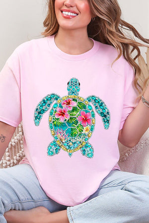 Seaside Sparkle Turtle Short Sleeve Relaxed Fit T-Shirt - Wholesale Accessory Market