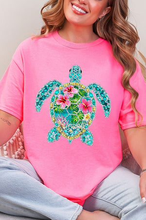 Seaside Sparkle Turtle Short Sleeve Relaxed Fit T-Shirt - Wholesale Accessory Market