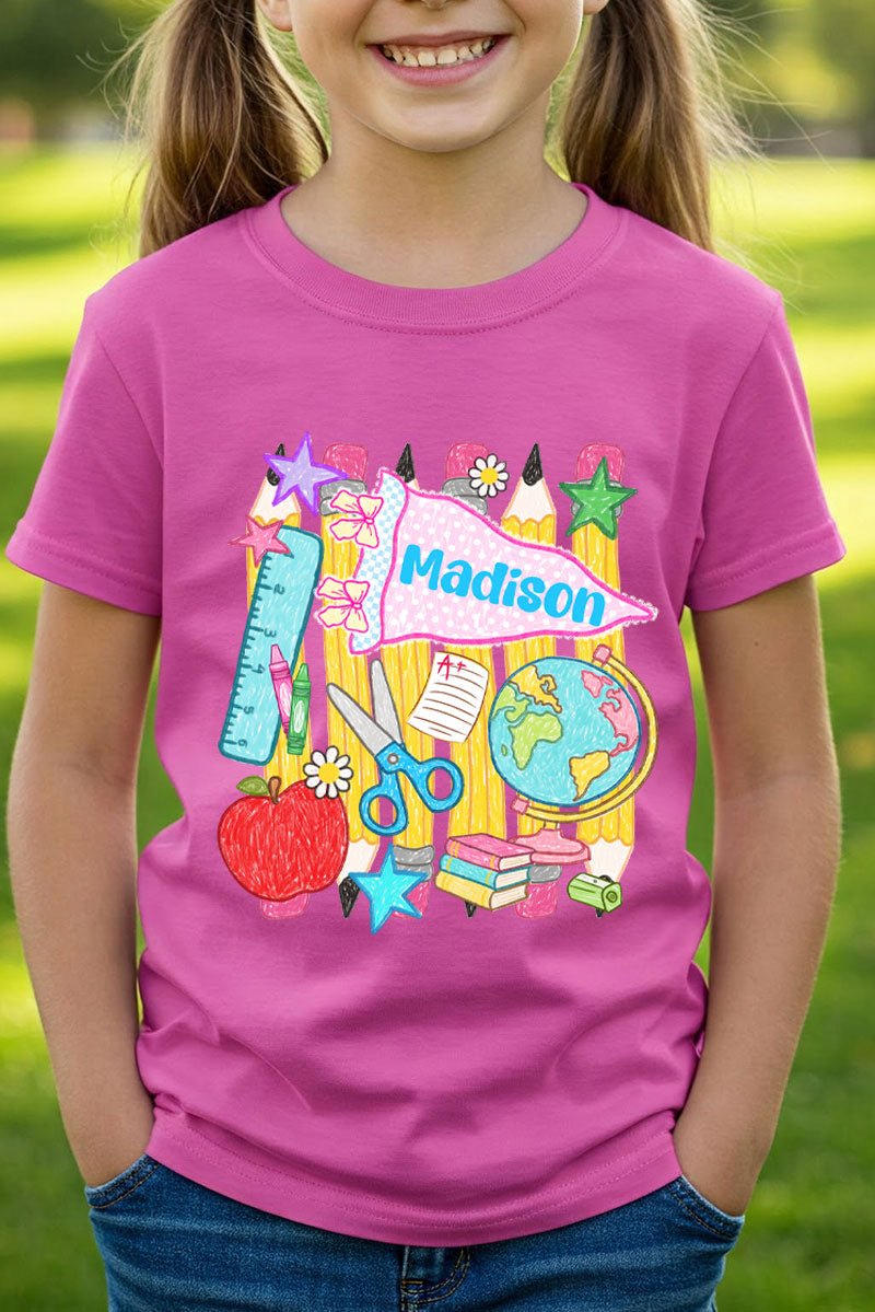 Youth Personalized School Day Sketches Short Sleeve Relaxed Fit T-Shirt *Enter Kid's Name - Wholesale Accessory Market
