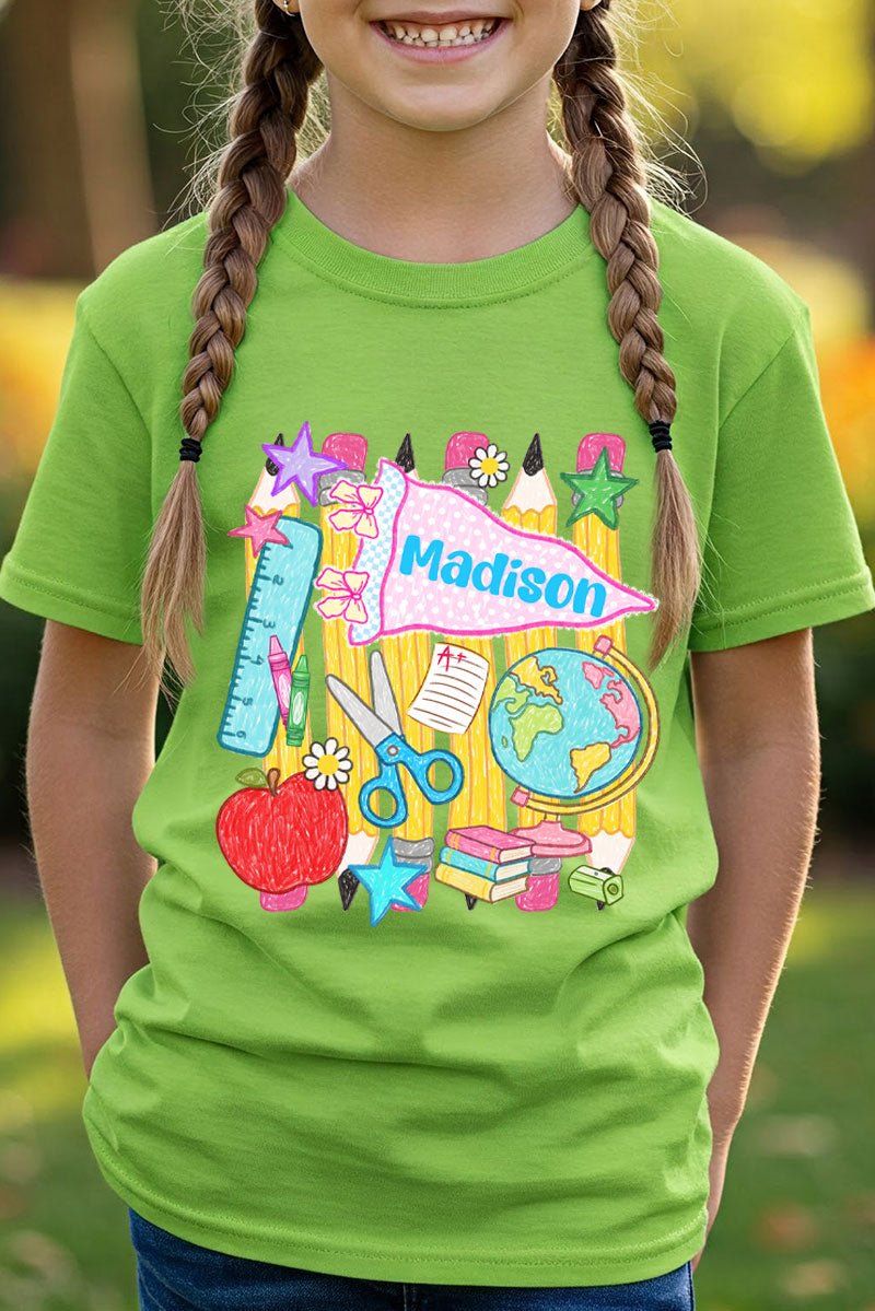 Youth Personalized School Day Sketches Short Sleeve Relaxed Fit T-Shirt *Enter Kid's Name - Wholesale Accessory Market