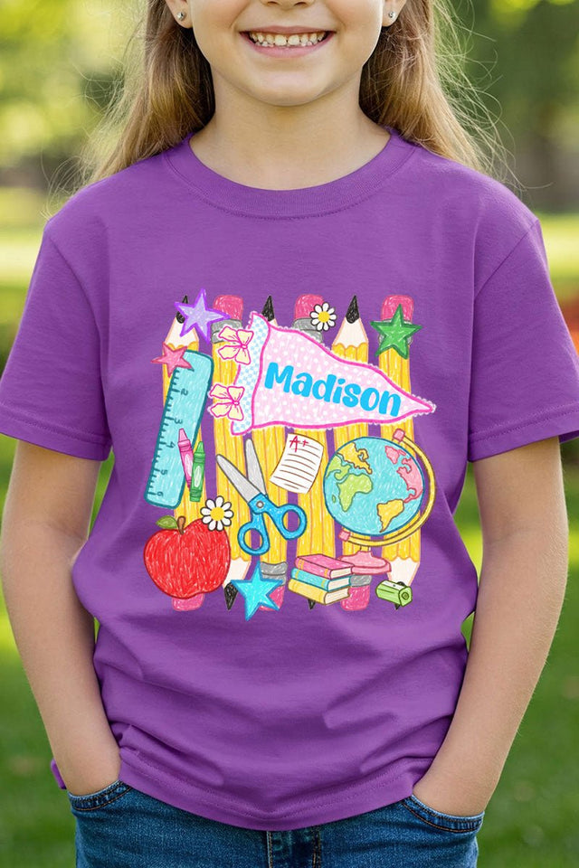 Youth Personalized School Day Sketches Short Sleeve Relaxed Fit T-Shirt *Enter Kid's Name - Wholesale Accessory Market