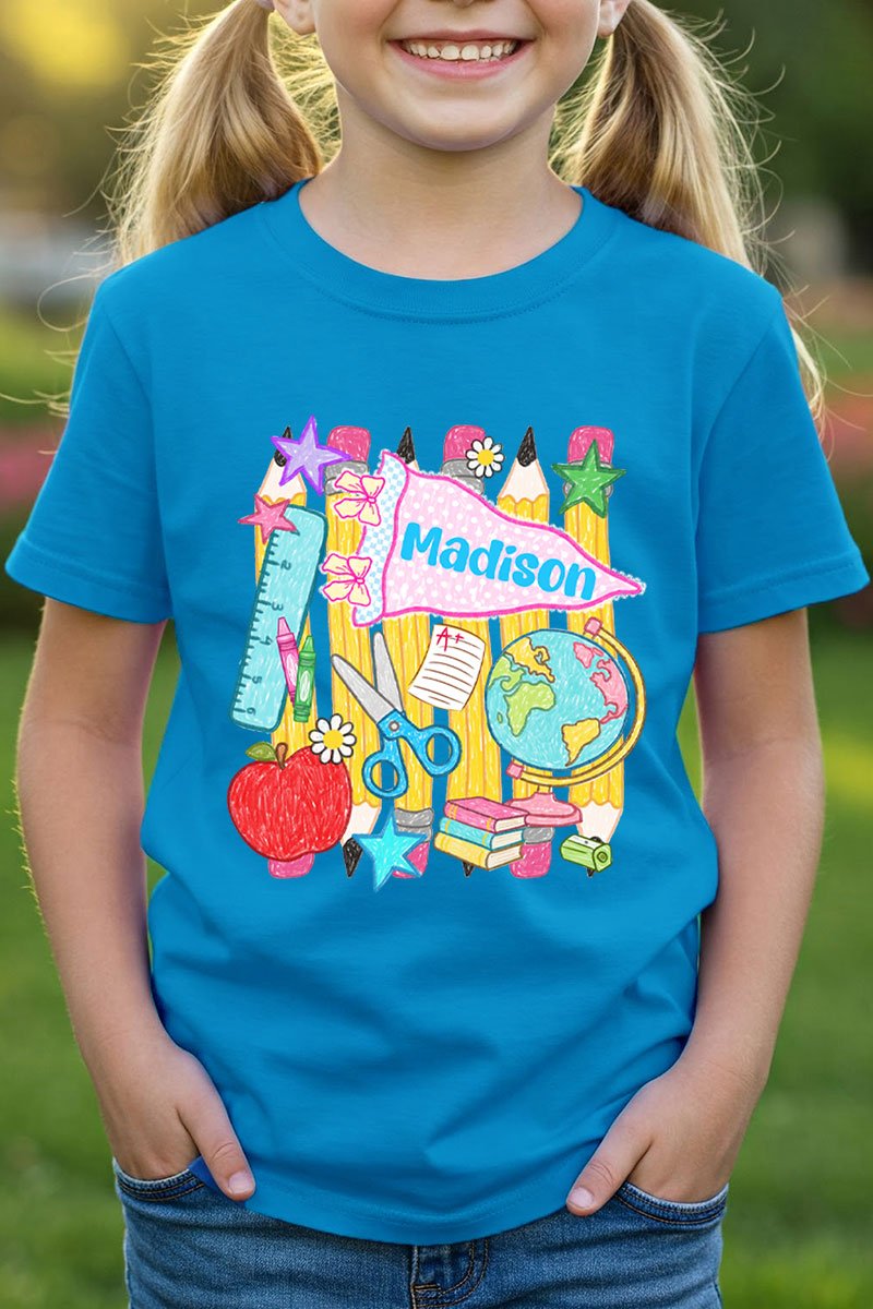 Youth Personalized School Day Sketches Short Sleeve Relaxed Fit T-Shirt *Enter Kid's Name - Wholesale Accessory Market