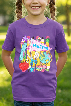 Youth Personalized School Day Sketches Short Sleeve Relaxed Fit T-Shirt *Enter Kid's Name - Wholesale Accessory Market