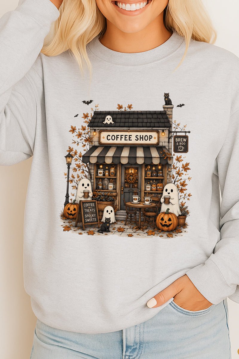 Brew & Boo Coffee Shop Heavy Cotton Long Sleeve Adult T-Shirt - Wholesale Accessory Market