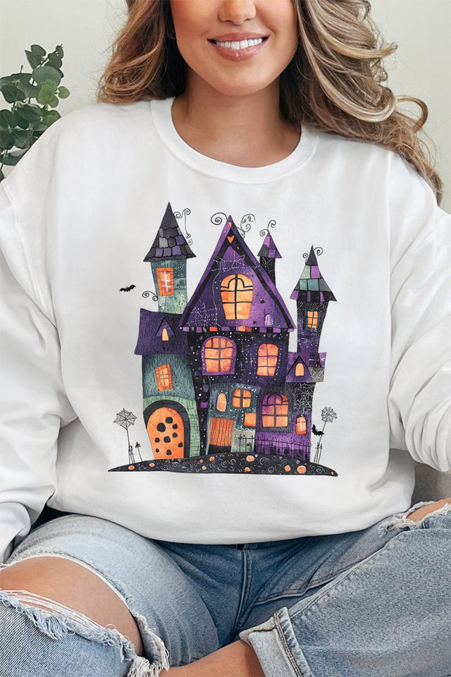 Faux Patchwork Haunted House Unisex NuBlend Crew Sweatshirt - Wholesale Accessory Market