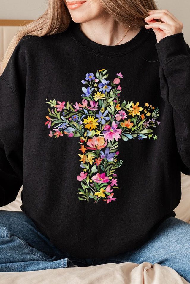 Watercolor Floral Cross Unisex NuBlend Crew Sweatshirt - Wholesale Accessory Market