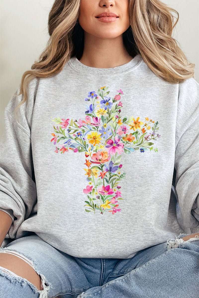 Watercolor Floral Cross Unisex NuBlend Crew Sweatshirt - Wholesale Accessory Market