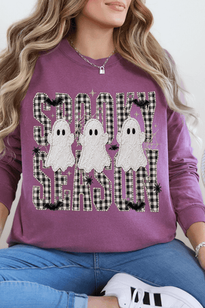 Spooky Season Gingham & Ghosts Comfort Colors Heavyweight Long T-Shirt - Wholesale Accessory Market