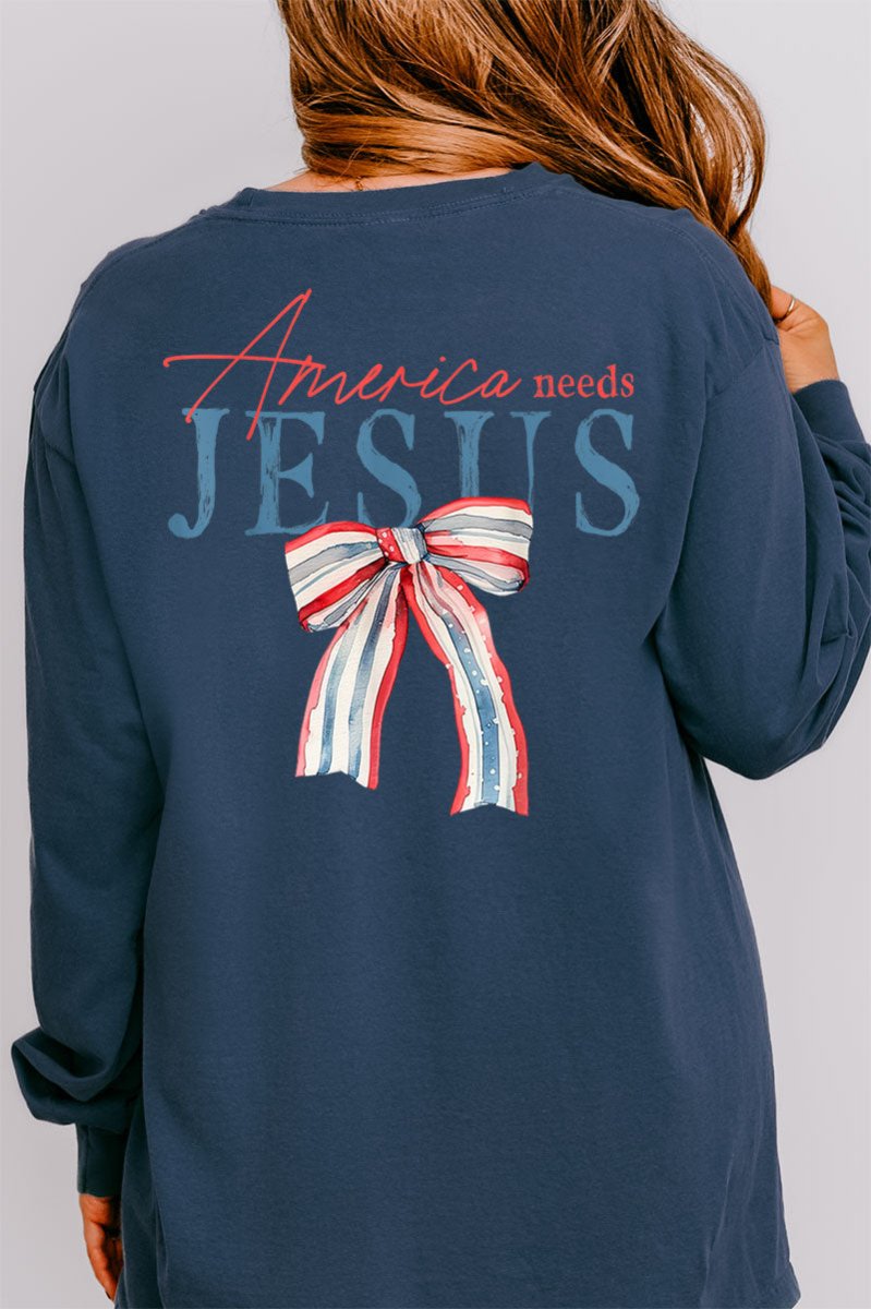 America Needs Jesus Front & Back Design Comfort Colors Heavyweight Long T-Shirt - Wholesale Accessory Market