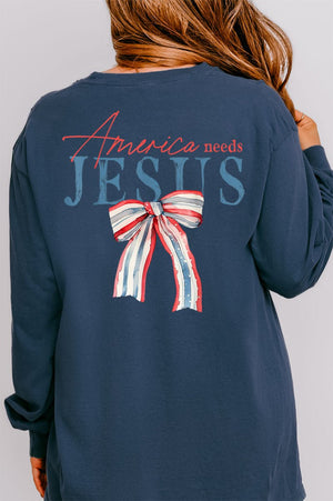 America Needs Jesus Front & Back Design Comfort Colors Heavyweight Long T-Shirt - Wholesale Accessory Market