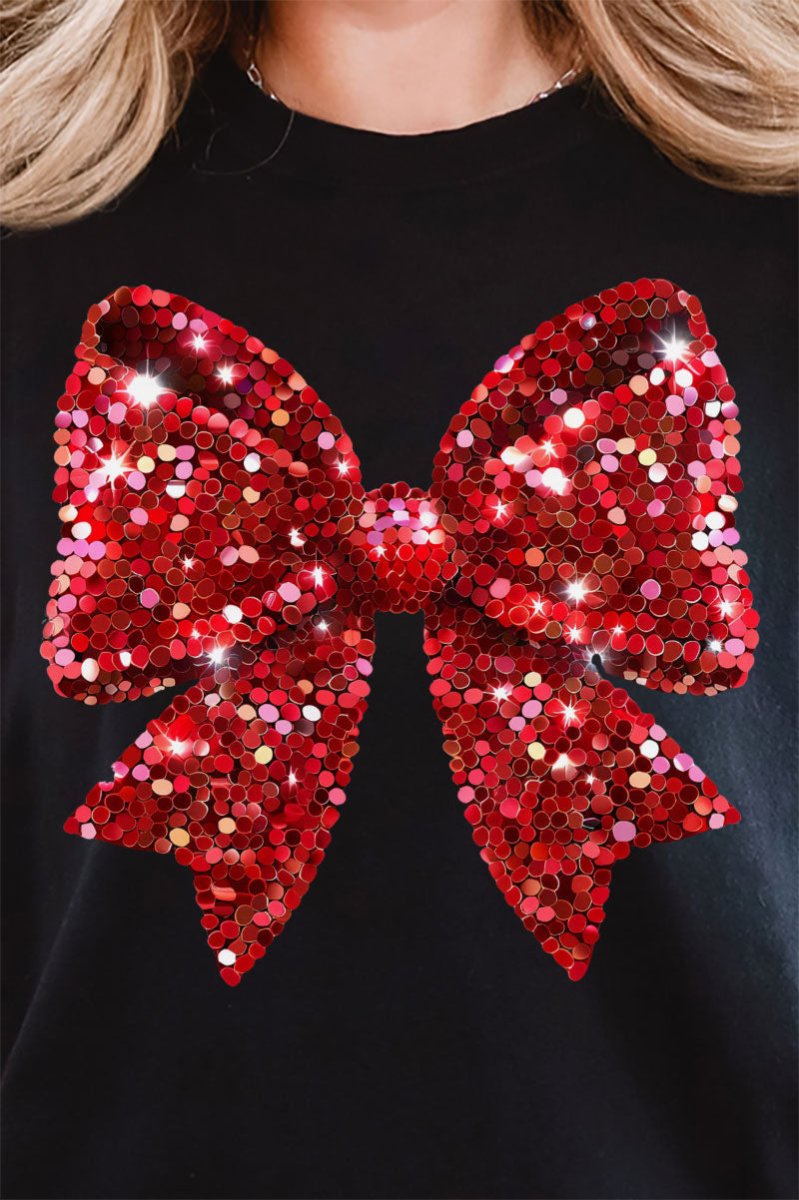 Faux Sequin Red Coquette Bow Comfort Colors Long Sleeve T-Shirt - Wholesale Accessory Market
