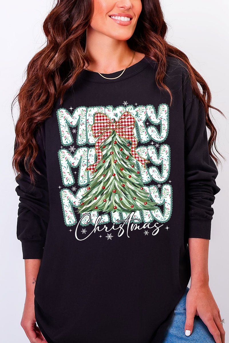 Stacked Holly Merry Christmas Tree Heavyweight Long Sleeve T-Shirt - Wholesale Accessory Market