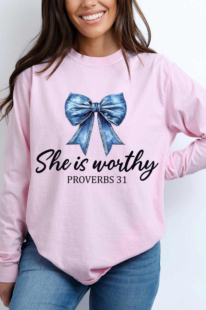 Blue Bow Worthy Comfort Colors Heavyweight Long T-Shirt - Wholesale Accessory Market