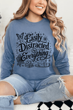 Black Easily Distracted By Everything Comfort Colors Heavyweight Long T-Shirt - Wholesale Accessory Market