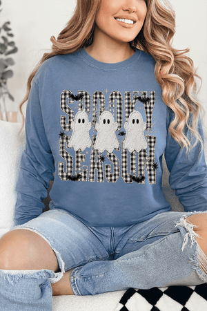 Spooky Season Gingham & Ghosts Comfort Colors Heavyweight Long T-Shirt - Wholesale Accessory Market
