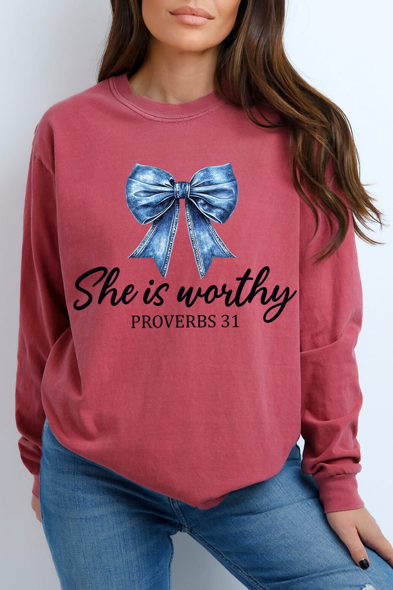 Blue Bow Worthy Comfort Colors Heavyweight Long T-Shirt - Wholesale Accessory Market
