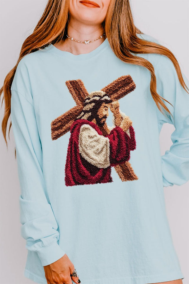 Faux Yarn Jesus At The Cross Comfort Colors Heavyweight Long Sleeve T-Shirt - Wholesale Accessory Market