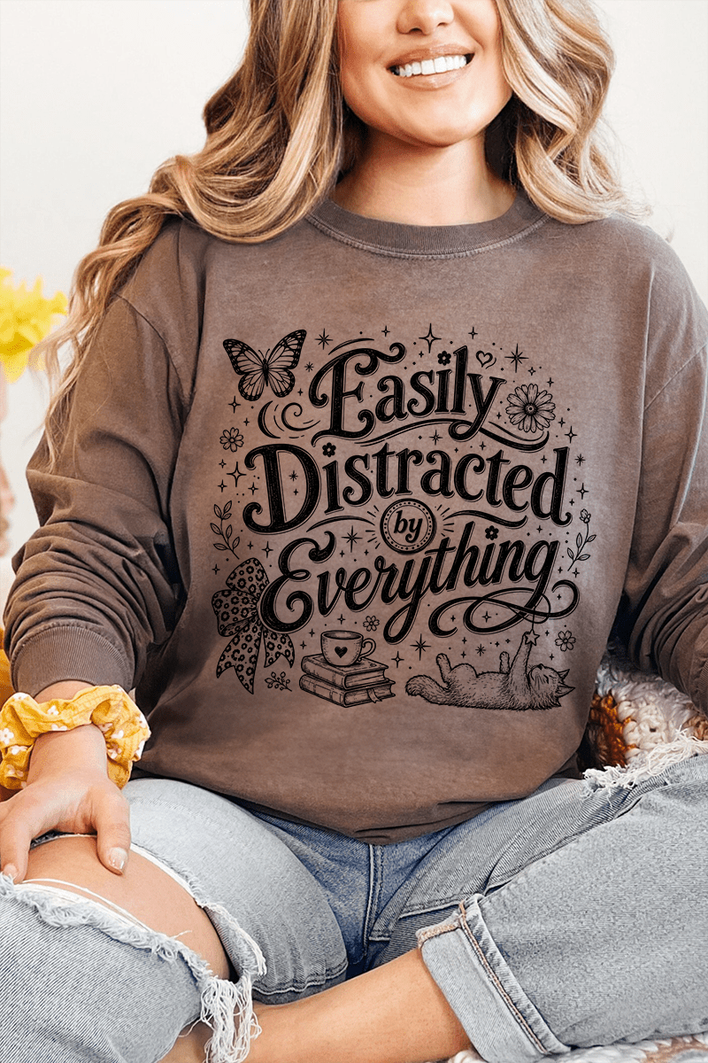 Black Easily Distracted By Everything Comfort Colors Heavyweight Long T-Shirt - Wholesale Accessory Market