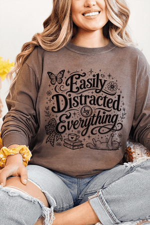 Black Easily Distracted By Everything Comfort Colors Heavyweight Long T-Shirt - Wholesale Accessory Market