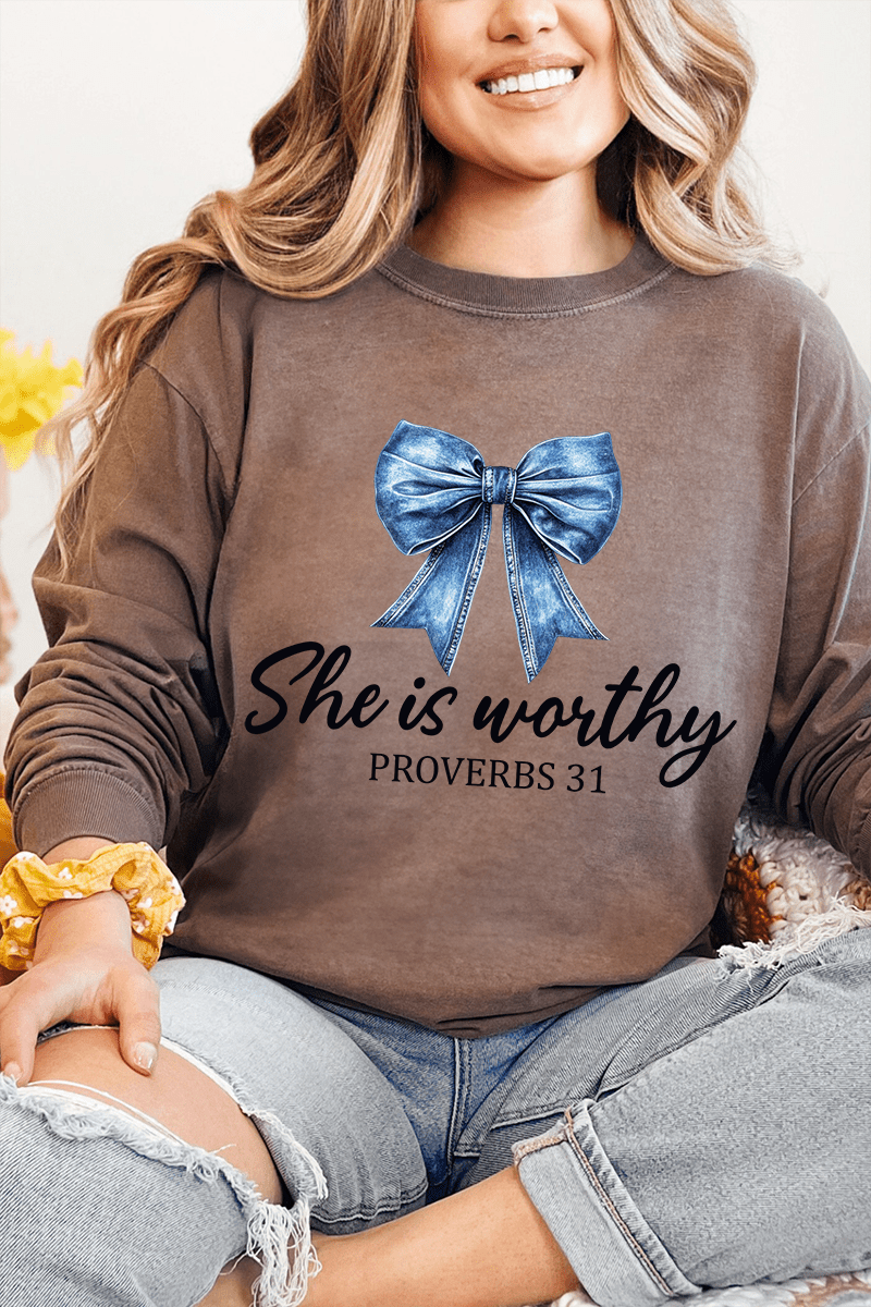 Blue Bow Worthy Comfort Colors Heavyweight Long T-Shirt - Wholesale Accessory Market