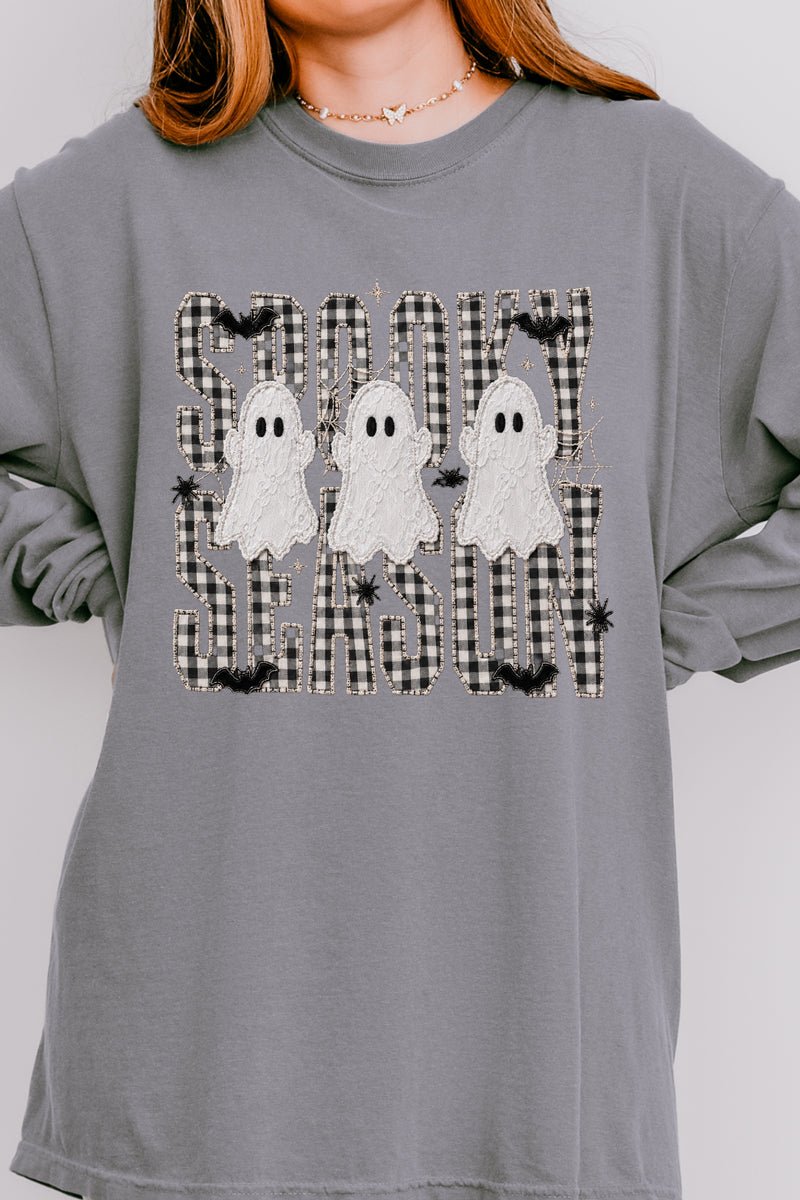 Spooky Season Gingham & Ghosts Comfort Colors Heavyweight Long T-Shirt - Wholesale Accessory Market
