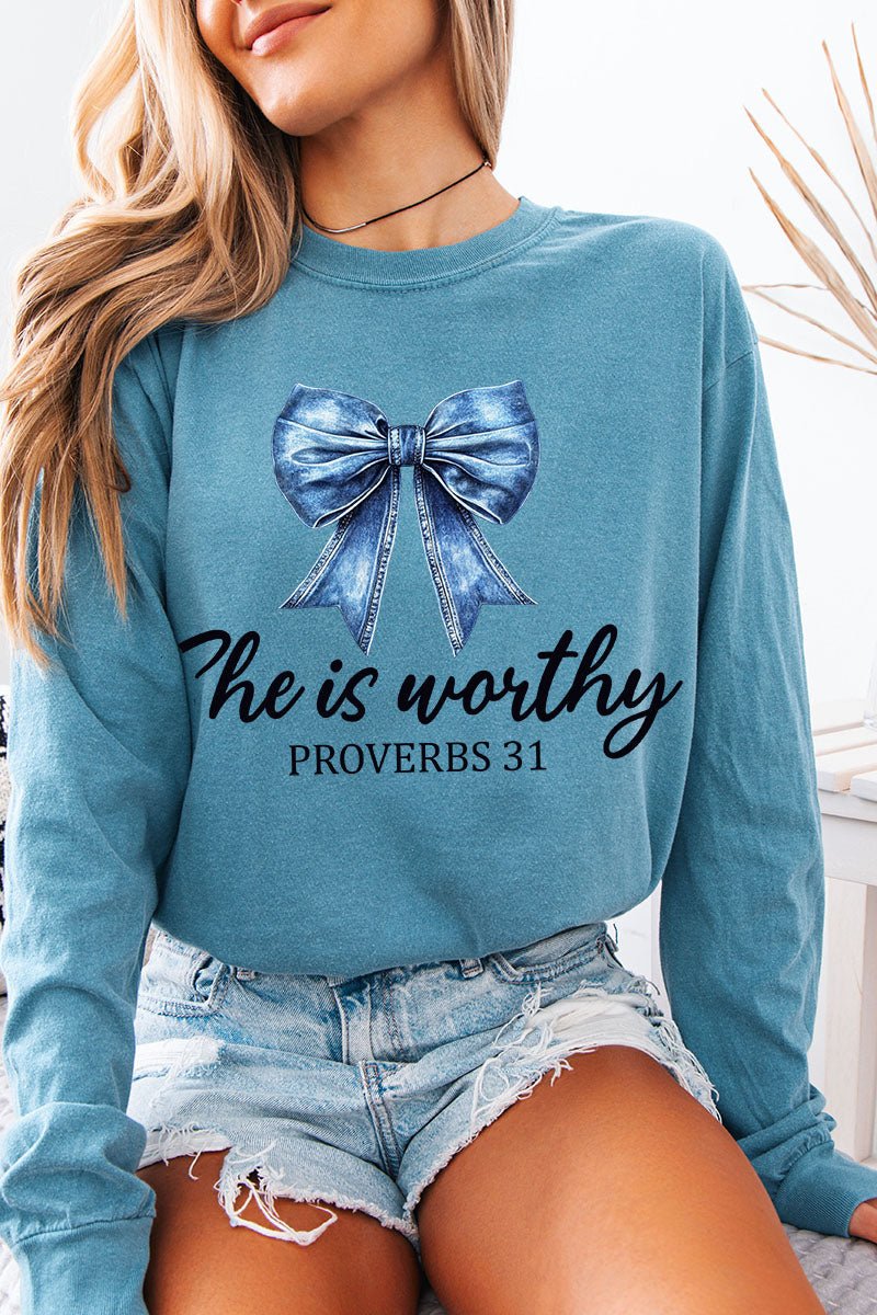 Blue Bow Worthy Comfort Colors Heavyweight Long T-Shirt - Wholesale Accessory Market