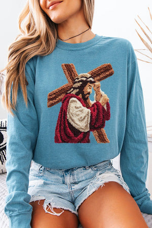 Faux Yarn Jesus At The Cross Comfort Colors Heavyweight Long Sleeve T-Shirt - Wholesale Accessory Market