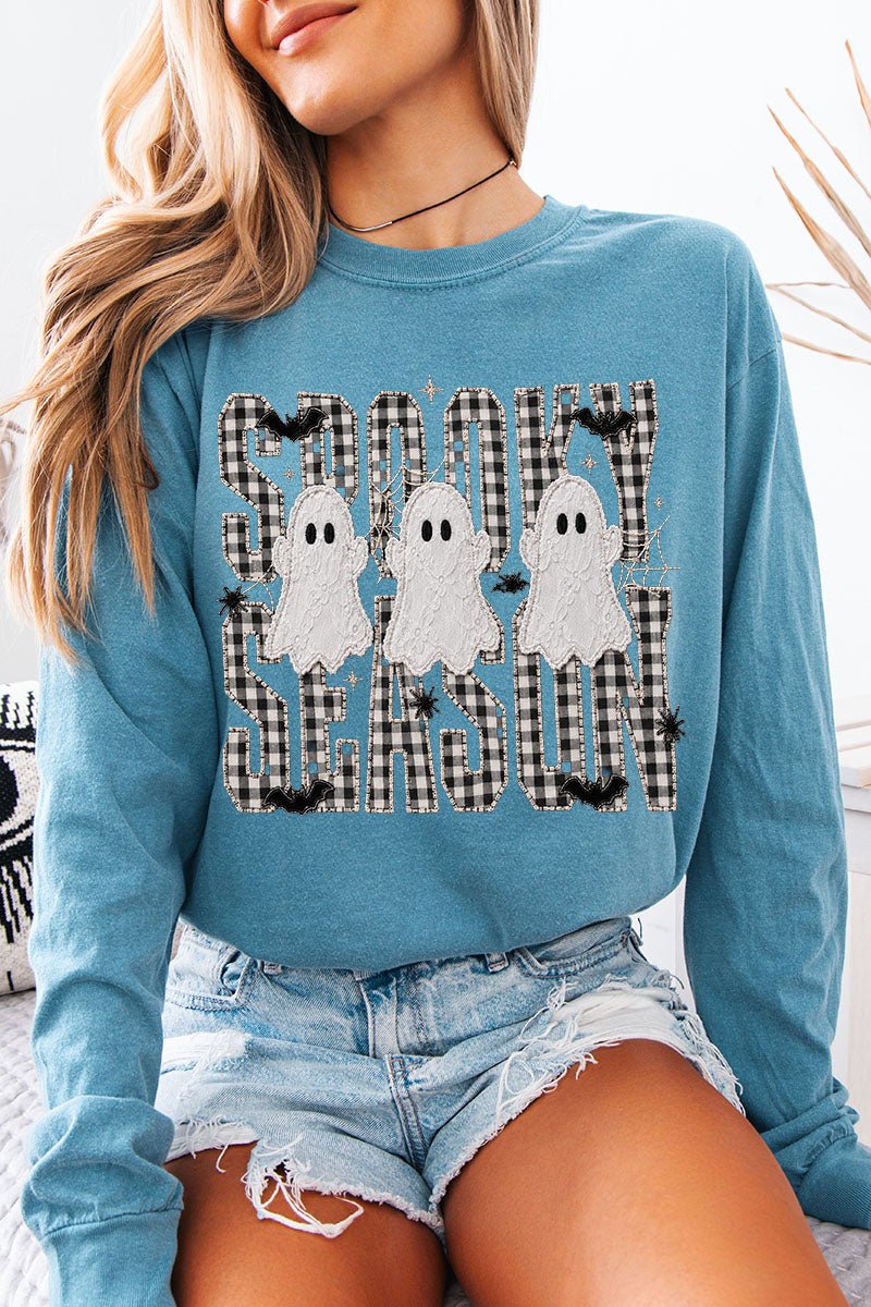 Spooky Season Gingham & Ghosts Comfort Colors Heavyweight Long T-Shirt - Wholesale Accessory Market