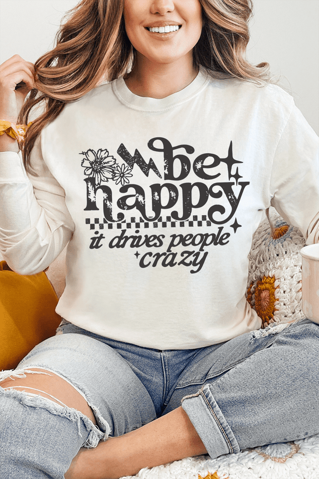 Black Be Happy Comfort Colors Heavyweight Long T-Shirt - Wholesale Accessory Market