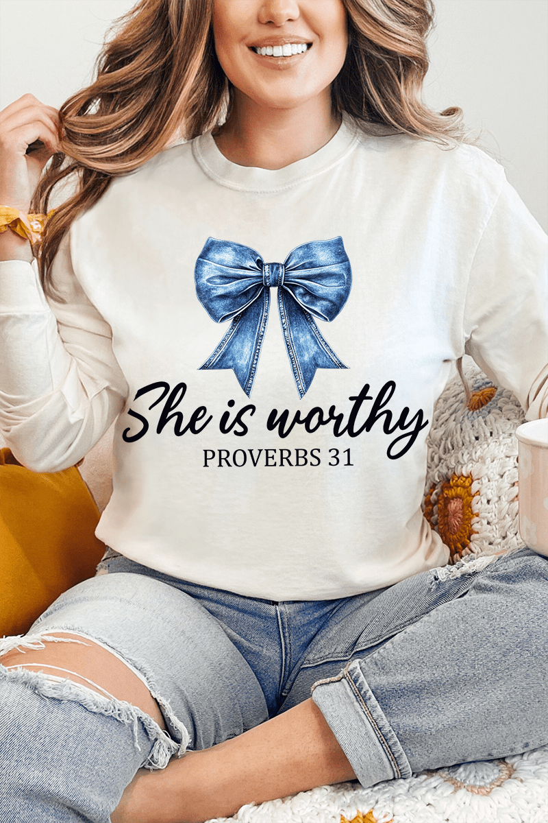 Blue Bow Worthy Comfort Colors Heavyweight Long T-Shirt - Wholesale Accessory Market