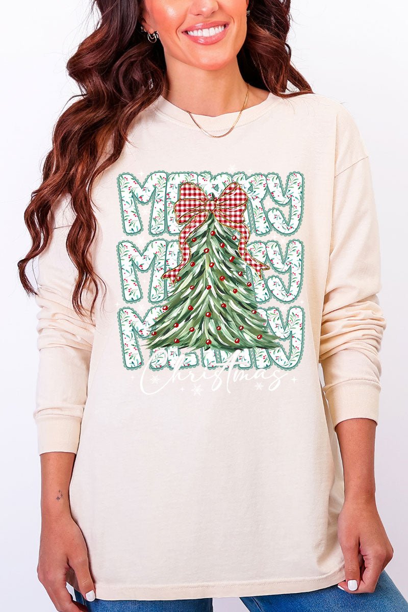 Stacked Holly Merry Christmas Tree Heavyweight Long Sleeve T-Shirt - Wholesale Accessory Market