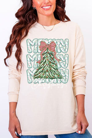 Stacked Holly Merry Christmas Tree Heavyweight Long Sleeve T-Shirt - Wholesale Accessory Market
