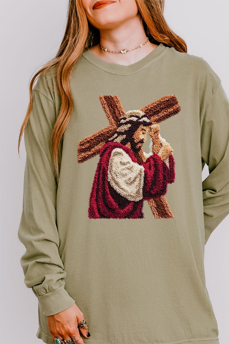 Faux Yarn Jesus At The Cross Comfort Colors Heavyweight Long Sleeve T-Shirt - Wholesale Accessory Market