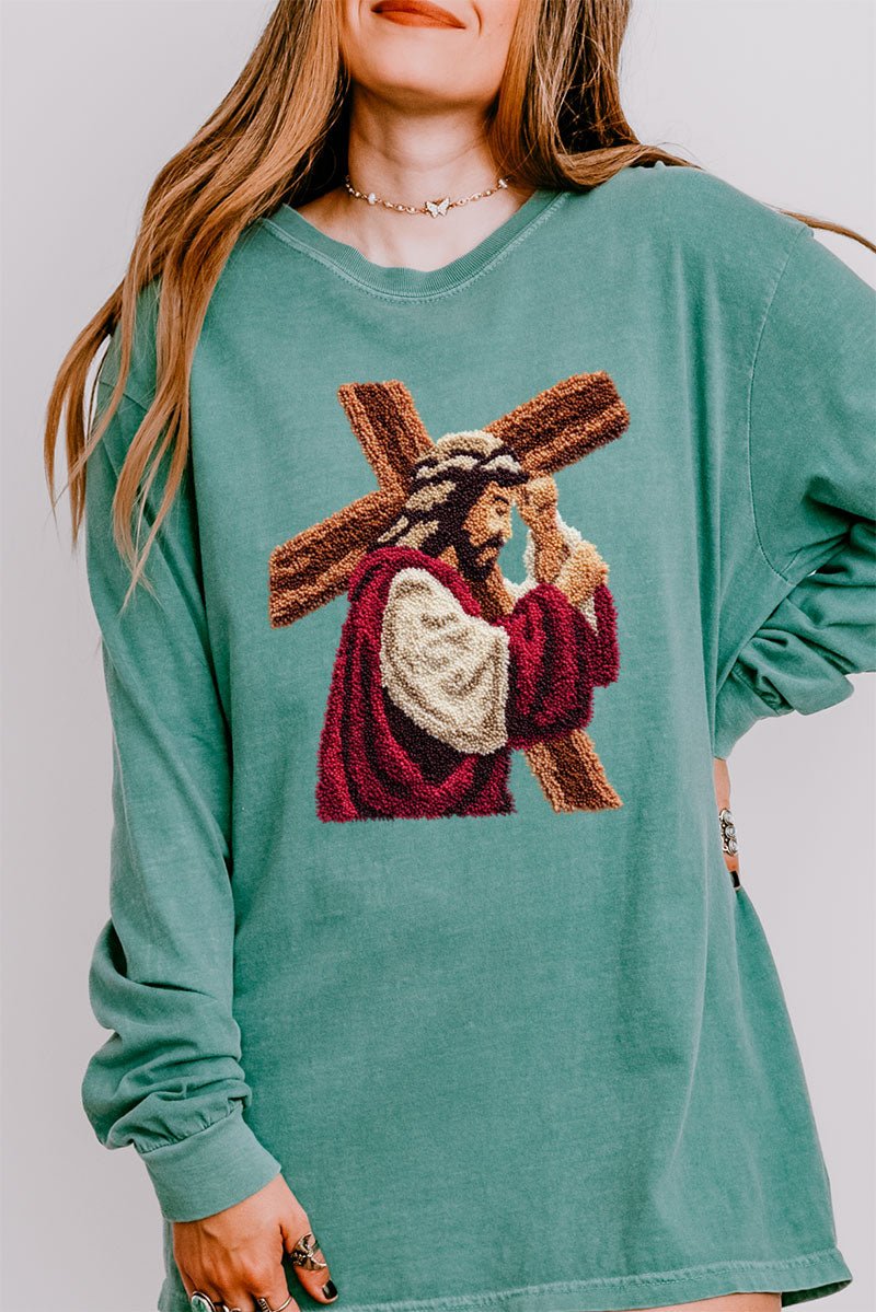 Faux Yarn Jesus At The Cross Comfort Colors Heavyweight Long Sleeve T-Shirt - Wholesale Accessory Market