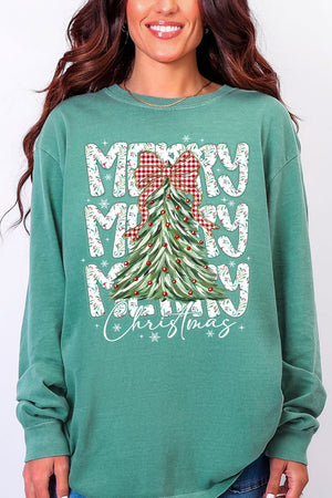 Stacked Holly Merry Christmas Tree Heavyweight Long Sleeve T-Shirt - Wholesale Accessory Market