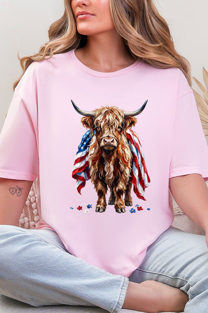 Painted Old Glory Highland Cow Softstyle Adult T-Shirt - Wholesale Accessory Market