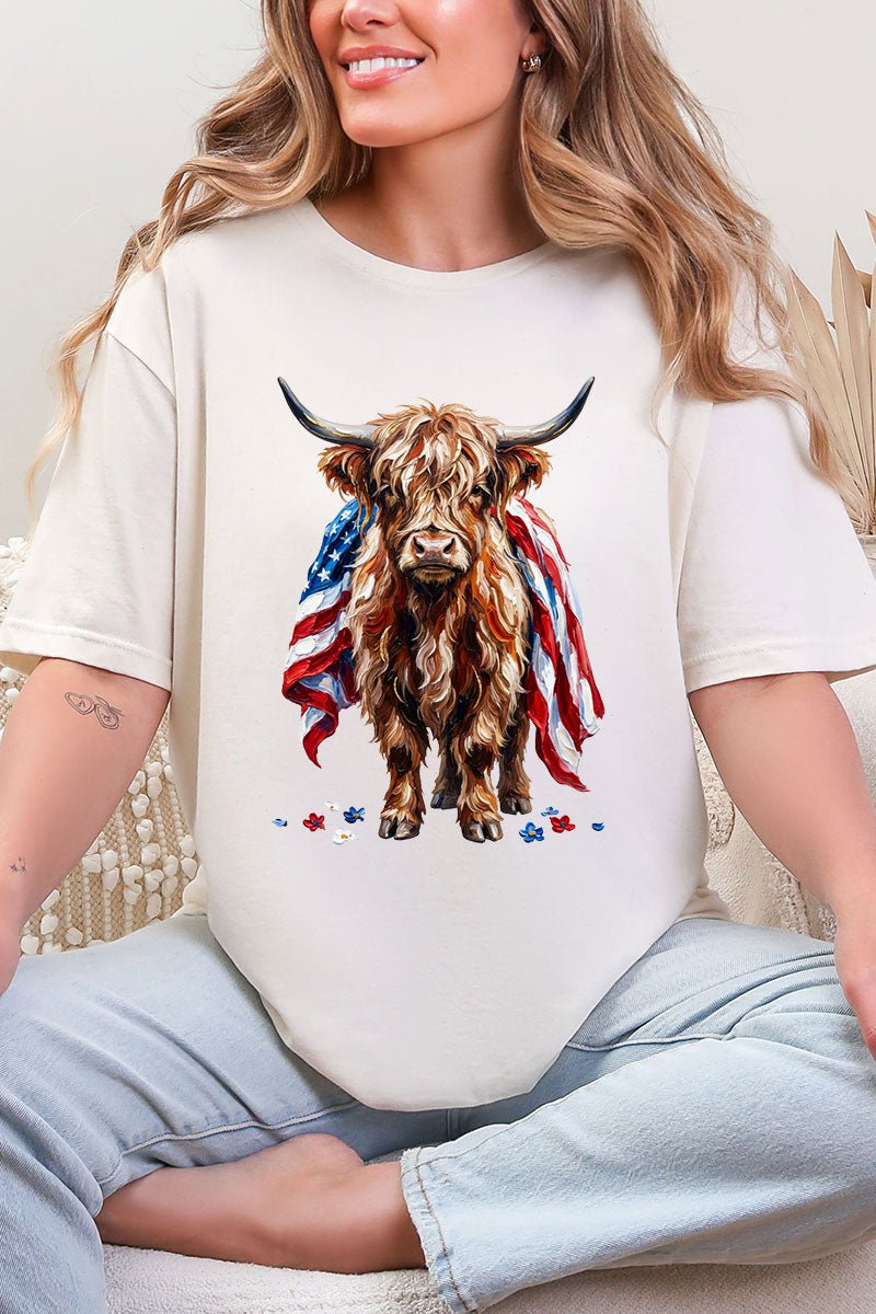 Painted Old Glory Highland Cow Softstyle Adult T-Shirt - Wholesale Accessory Market