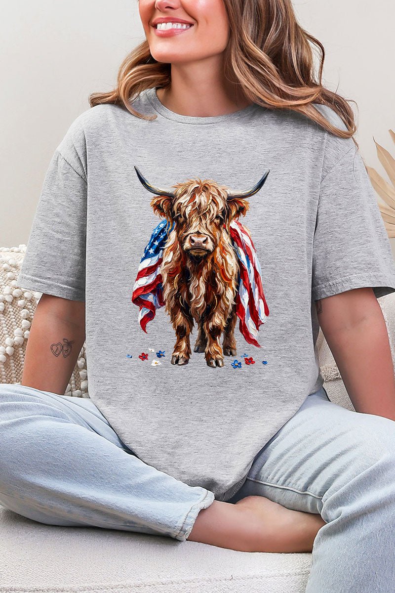 Painted Old Glory Highland Cow Softstyle Adult T-Shirt - Wholesale Accessory Market