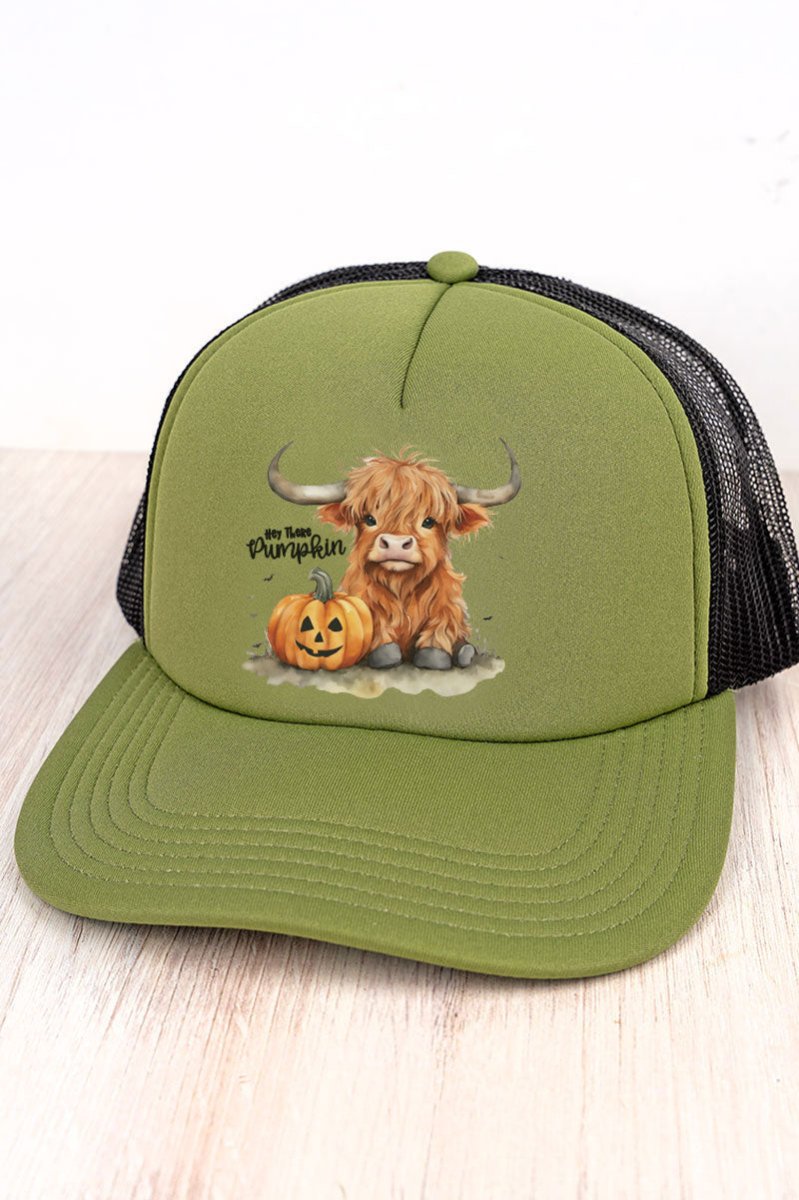 Hey There Pumpkin Highland Cow Foam Front Mesh Trucker Cap - Wholesale Accessory Market