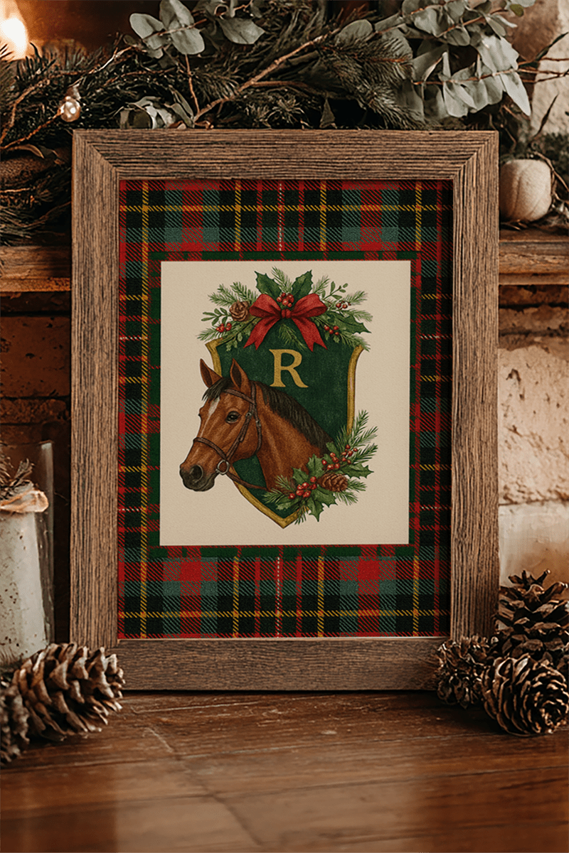Equestrian Holiday Monogram Crest Ready To Frame Print *Customize Your Initial - Wholesale Accessory Market