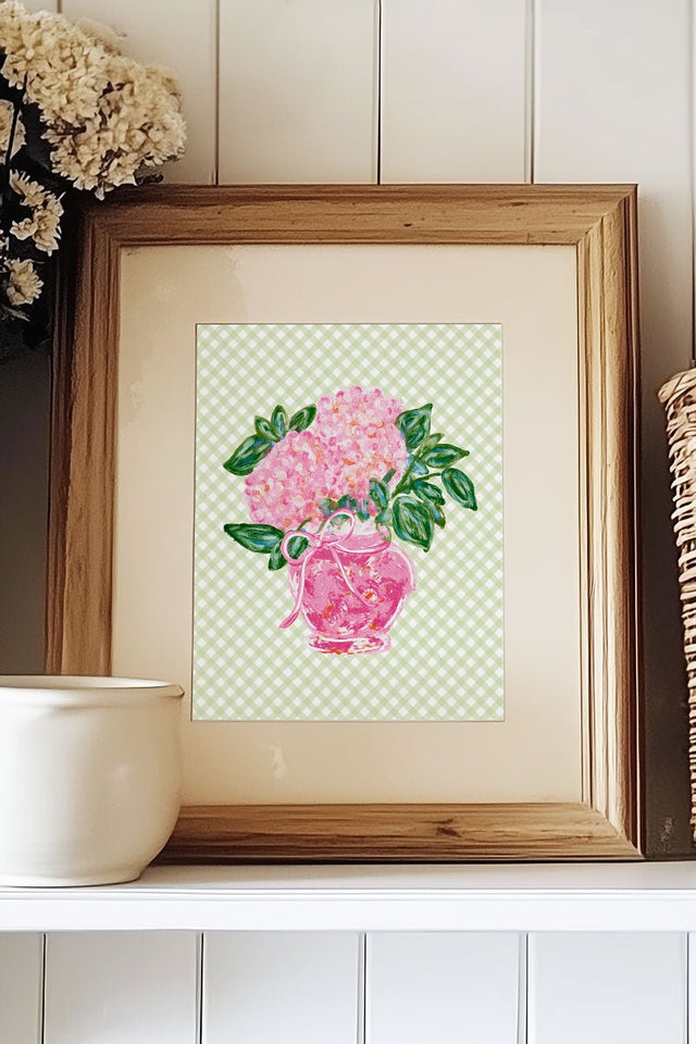 Green Gingham Blush Blossom Ready To Frame Canvas Print - Wholesale Accessory Market