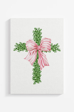 Pink Bow Boxwood Cross Ready To Frame Canvas Print - Wholesale Accessory Market