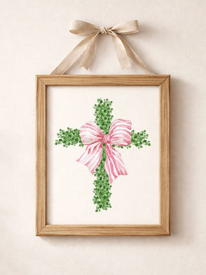 Pink Bow Boxwood Cross Ready To Frame Canvas Print - Wholesale Accessory Market