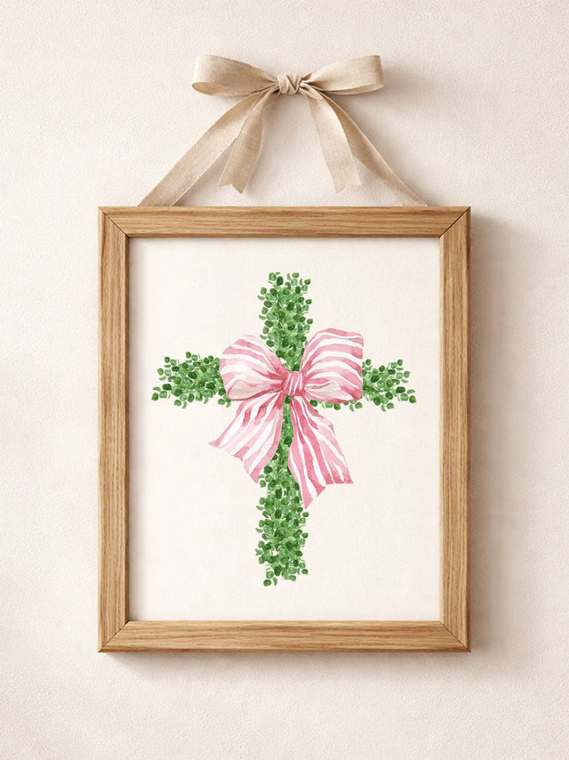 Pink Bow Boxwood Cross Ready To Frame Canvas Print - Wholesale Accessory Market