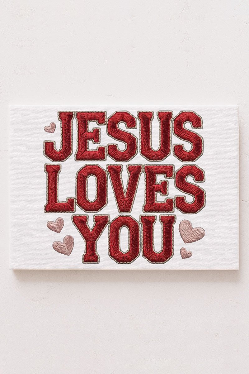 Faux Embroidery Jesus Loves You Stretched Canvas Print - Wholesale Accessory Market
