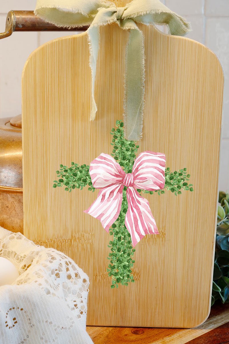 Pink Bow Boxwood Cross Decorative Wood Cutting Board - Wholesale Accessory Market